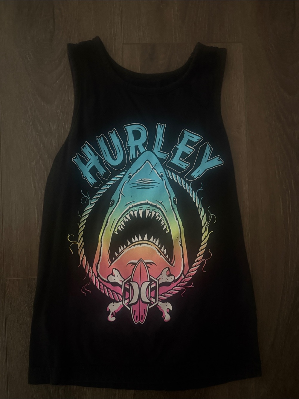 Hurley Black Tank with Neon Gradient Shark Graphic